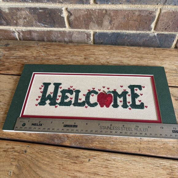 Completed Cross Stitch Welcome With Apple Double Matted No Frame READ - Picture 10 of 14